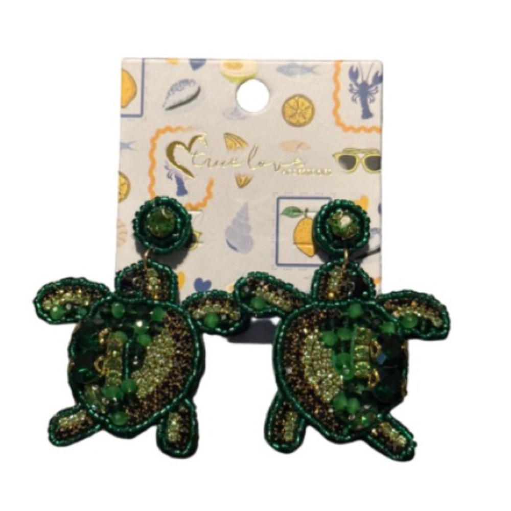Green Beaded Turtle Dangle Earrings - Unbranded